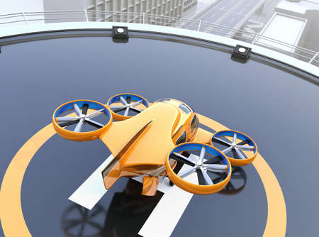 Rear view of yellow Passenger Drone Taxi on helipad. 3D rendering image.の写真素材