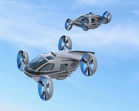 Two Passenger Drone Taxis flying in the sky. 3D rendering image.の写真素材