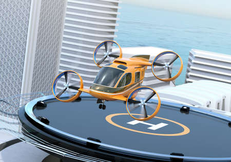 Metallic gray Passenger Drone Taxi takeoff from helipad on the roof of a skyscraper. 3D rendering image.の写真素材