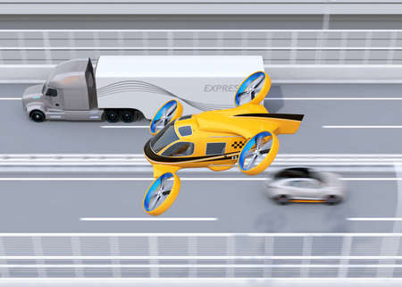 Orange Passenger Drone Taxi flying beside American truck on highway. 3D rendering image.の写真素材