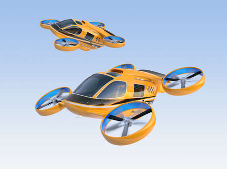 Orange Passenger Drone Taxis flying in the sky. 3D rendering image.の写真素材