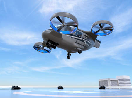 Metallic gray Passenger Drone Taxi takeoff from helipad on the roof of a skyscraper. 3D rendering image.の写真素材