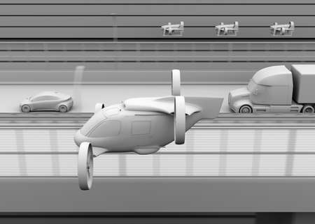 Clay rendering of Passenger Drone Taxi flying beside American truck on highway. 3D rendering image.の写真素材