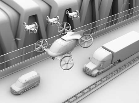 Clay rendering of Passenger Drone Taxi, fleet of delivery drones flying along with truck driving on the highway. 3D rendering image.の写真素材