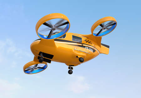 Orange Passenger Drone Taxi flying in the sky. 3D rendering image.