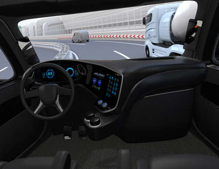 View from self-driving truck interior on highway. 3D rendering image.の写真素材