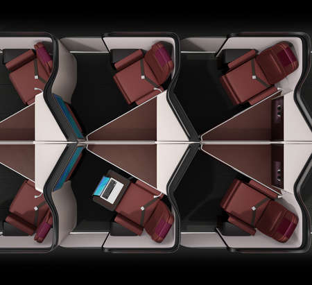 Top view of luxury business class suites interior on black background.  Laptop computer on tray table. 3D rendering image.の写真素材
