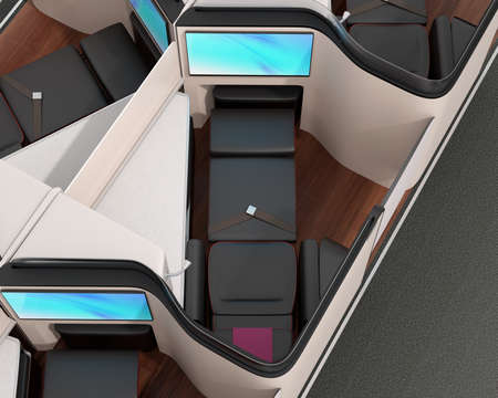 Close-up view of luxury business class suite. Reclining seat in fully flat mode. 3D rendering image.の写真素材