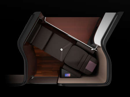 Top view of luxury business class suite interior on black background. Smart phone recharging on side table. Lie-flat seat in fully flat mode. 3D rendering image.の写真素材