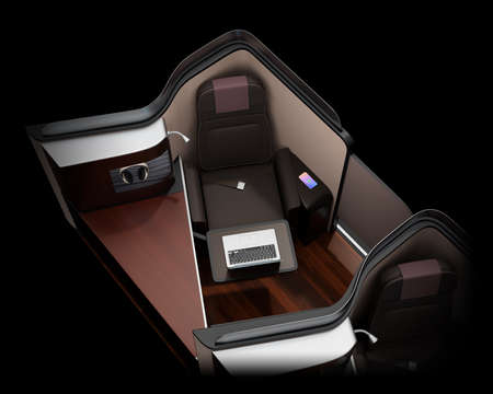 Luxury business class suite interior on black background.  Laptop computer on tray table. 3D rendering image.の写真素材