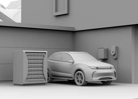Clay rendering of electric vehicle recharging in garage. Charging station powered by reused EV...