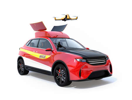 Quadcopter drone take off from electric rescue SUV. 3D rendering image.の写真素材