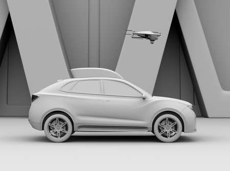 Clay rendering of electric SUV released drone for leisure entertainment. 3D rendering image.の写真素材