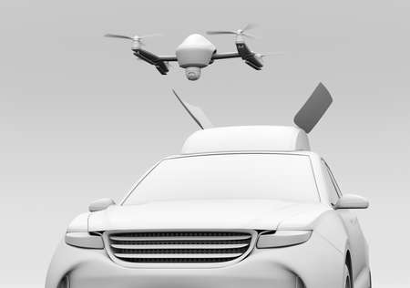 Clay rendering of quadcopter drone take off from orange electric rescue SUV. 3D rendering image.の写真素材