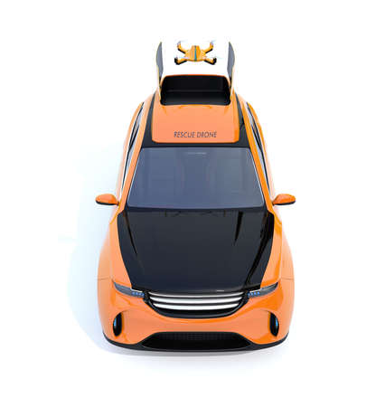 Front view of quadcopter drone take off from electric rescue SUV on white background. 3D rendering image.の写真素材
