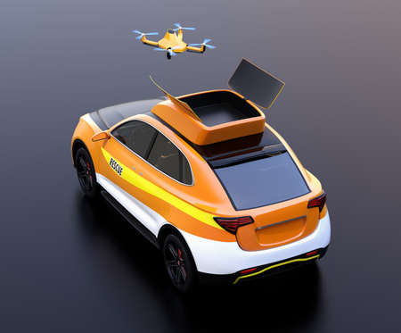Rear view of quadcopter drone take off from orange electric rescue SUV on black background. 3D rendering image.の写真素材