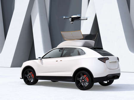 Rear view of white electric SUV released drone for leisure entertainment. 3D rendering image.の写真素材
