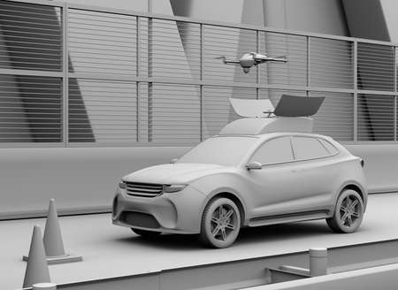 Clay rendering of electric rescue SUV released drone to recording car accident on highway. 3D rendering image.の写真素材