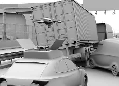 Clay rendering of electric rescue SUV released drone to recording car accident on highway. 3D...