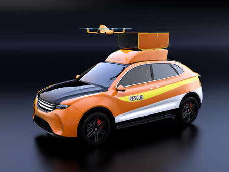 Quadcopter drone take off from orange electric rescue SUV on black background. 3D rendering image.の写真素材