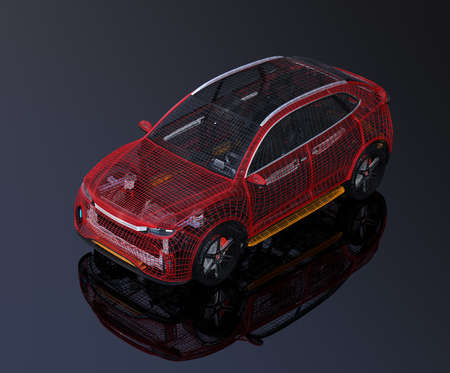 Metallic wire frame of electric SUV on black background. 3D rendering image. Original design.