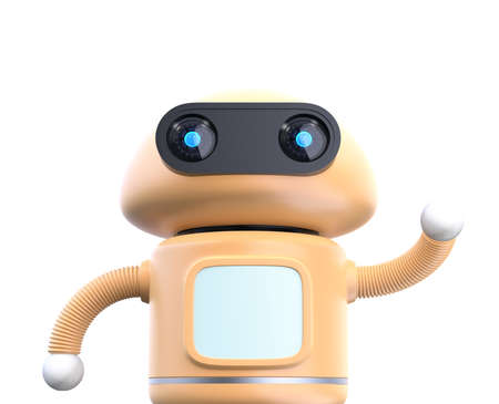 Close up view of cute robot raise his hands isolated on white background. 3D rendering image.の写真素材
