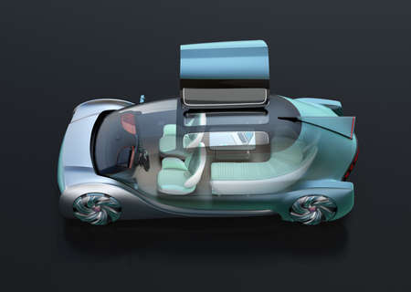 Side view of transparent self driving electric car on black background. Original design. 3D...