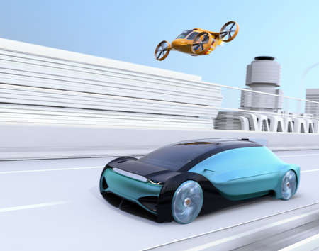 Self-driving Passenger Drone Taxi flying over an autonomous electric car driving on the highway. MaaS concept. 3D rendering image.の写真素材