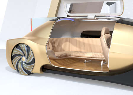 Close-up view of self driving electric car with right door opened. 3D rendering image.の写真素材