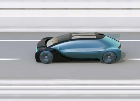 Metallic green autonomous electric car driving on highway. 3D rendering image.の写真素材