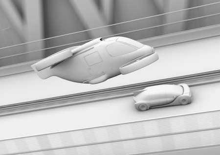 Clay rendering of Self-driving Passenger Drone Taxi flying over an autonomous electric car driving on the highway. 3D rendering image.の写真素材