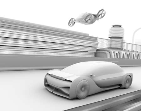 Clay rendering of self-driving passenger drone taxi and autonomous electric car on the highway. 3D rendering image.の写真素材