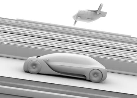Clay rendering of self-driving passenger drone taxi and autonomous electric car on the highway. 3D rendering image.の写真素材