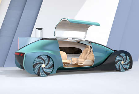 Self driving electric car in charging station with the right door opened. 3D rendering image.の写真素材