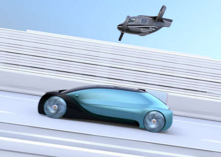 Self-driving Passenger Drone Taxi flying over an autonomous electric car driving on the highway. MaaS concept. 3D rendering image.の写真素材