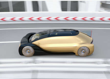 Autonomous electric car moving fast on the curve of highway. 3D rendering image.の写真素材