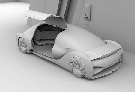 Clay rendering of self driving electric car in charging station.  The right door opened. 3D rendering image.の写真素材