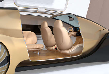 Close-up view of self driving electric car. Right door opened. 3D rendering image.の写真素材