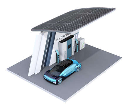 Fuel Cell powered autonomous car filling gas in Fuel Cell Hydrogen Station equipped with solar panels. 3D rendering image.の写真素材