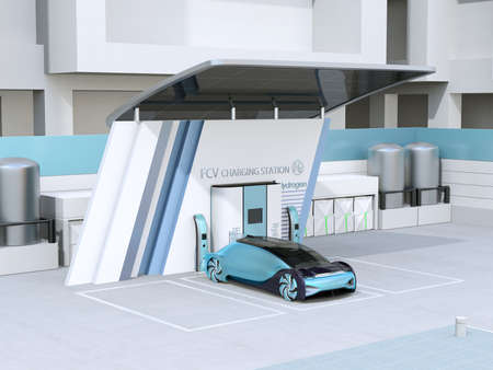 Fuel Cell powered autonomous car filling gas in Fuel Cell Hydrogen Station equipped with solar panels. 3D rendering image.の写真素材
