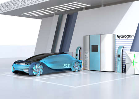 Fuel Cell powered autonomous car filling gas in Fuel Cell Hydrogen Station. 3D rendering image.の写真素材