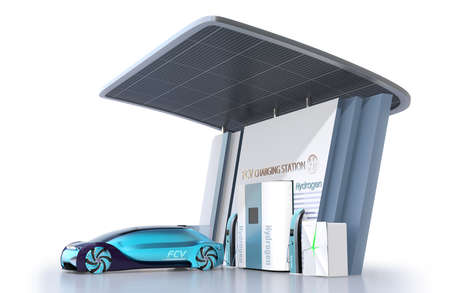 Fuel Cell powered autonomous car filling gas in Fuel Cell Hydrogen Station equipped with solar panels. 3D rendering image.の写真素材