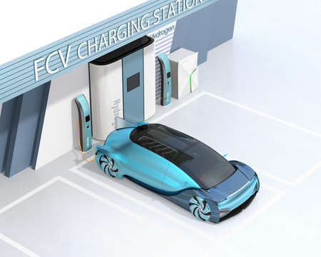 Fuel Cell powered autonomous car filling gas in Fuel Cell Hydrogen Station. 3D rendering image.の写真素材