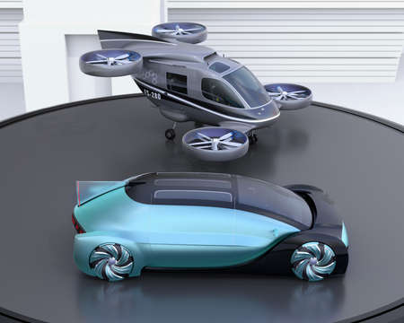 Metallic blue autonomous electric car and passenger drone parking on heliport. MaaS concept. 3D rendering image.の写真素材