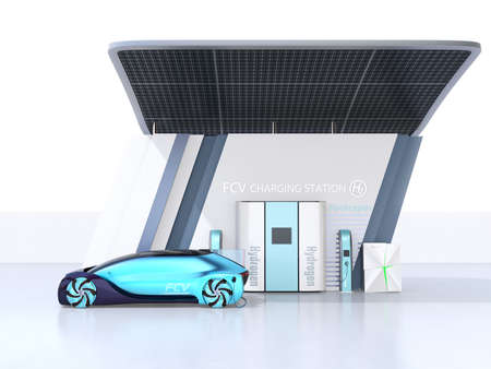 Fuel Cell powered autonomous car filling gas in Fuel Cell Hydrogen Station equipped with solar panels. 3D rendering image.の写真素材