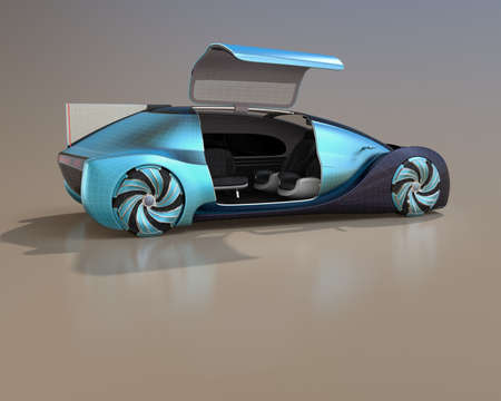 Wireframe rendering of self driving electric car on gradient background. Right door opened and front...
