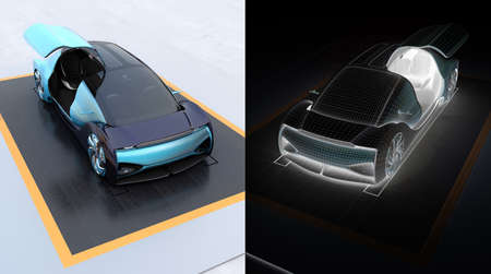 Electric car on metal checker plate. Wireframe invert image on right side. Digital Twin concept.  3D...