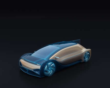 Wireframe rendering of autonomous electric car on black background. Digital Twin concept.  3D...