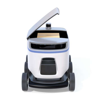 Front view of self-driving delivery robot isolated on white background. 3D rendering image.の写真素材