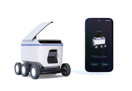 Self-driving delivery robot with top cover opened for pickup parcel. Smartphone on the right side showing delivery apps. 3D rendering image.の写真素材